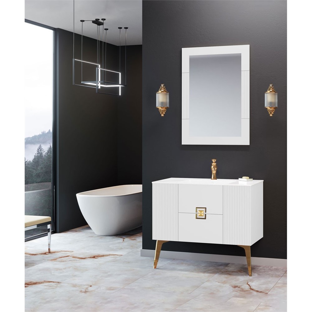 ORKA Adria Banyo Dolabı Takımı Mat Beyaz Altın 100 cm ORKA5000002
